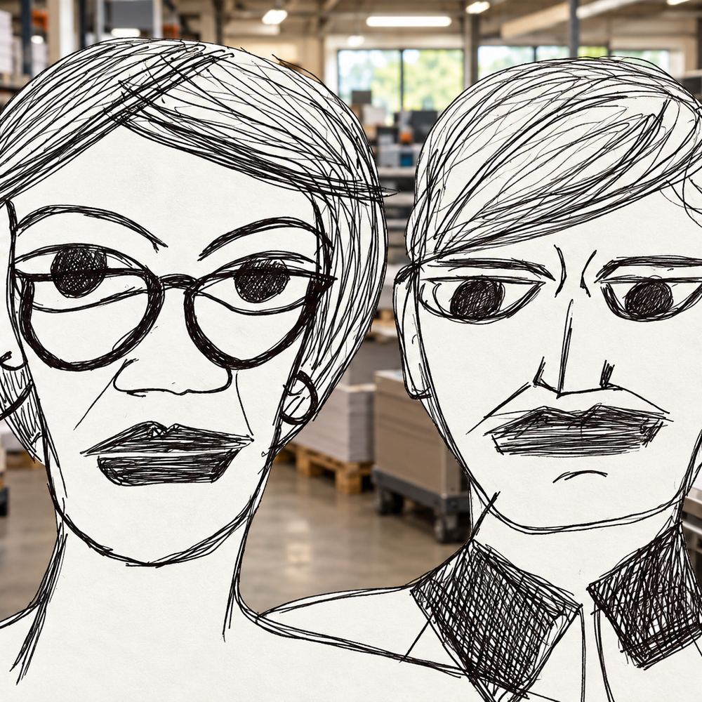 Disegno a penna: una donna con gli occhiali e un uomo coi baffi, in tipografia
