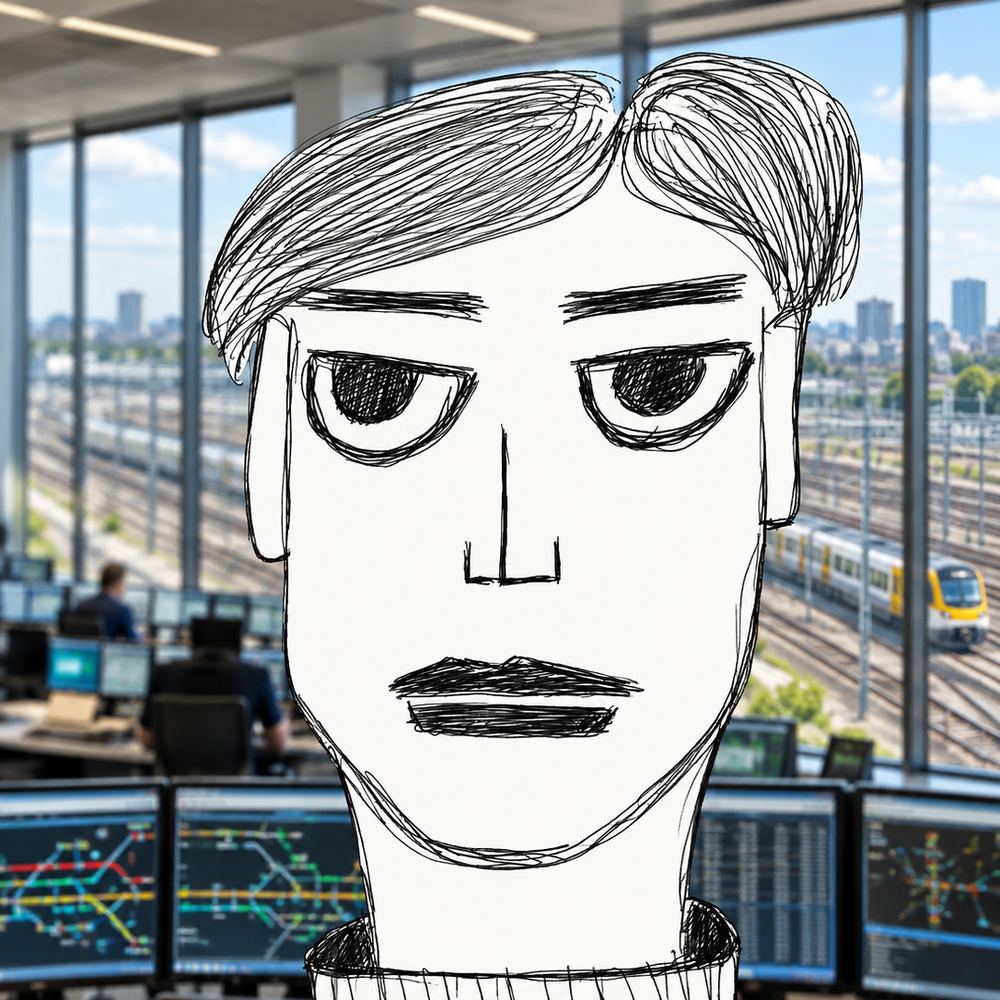 Disegno a penna: un uomo in primo piano, i binari di una stazione alle sue spalle