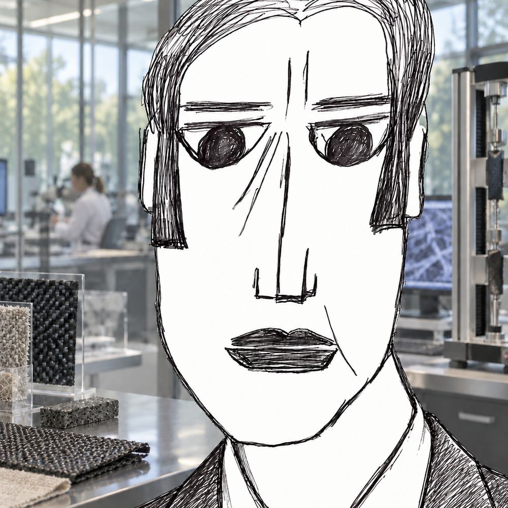 Disegno a penna: un uomo in primo piano, un laboratorio di materiali alle sue spalle