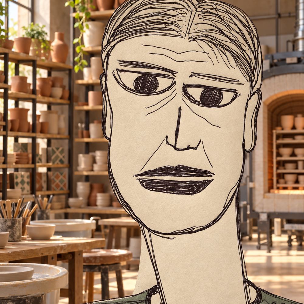 Disegno a penna: un ceramista in primo piano, la bottega con gli scaffali pieni