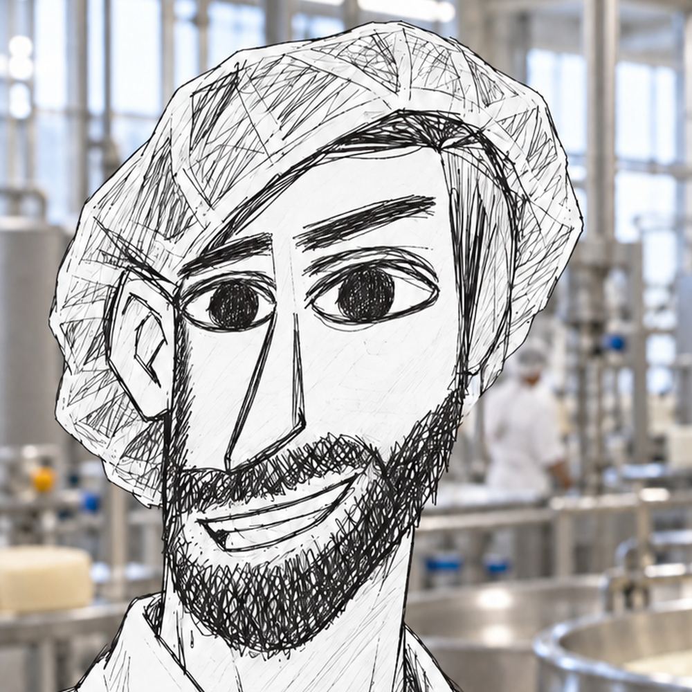 Disegno a penna: un uomo con la barba e il copricapo da lavoro, un reparto di produzione sullo sfondo