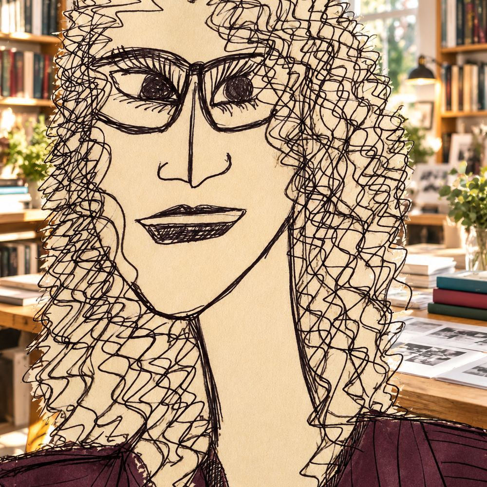 Disegno a penna: una donna con i capelli ricci e gli occhiali, una libreria alle spalle