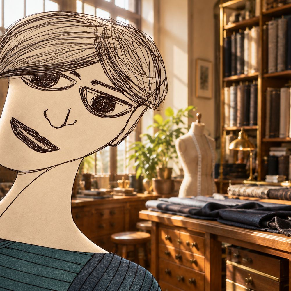 Disegno a penna: una donna con il caschetto, una serra di piante alle spalle