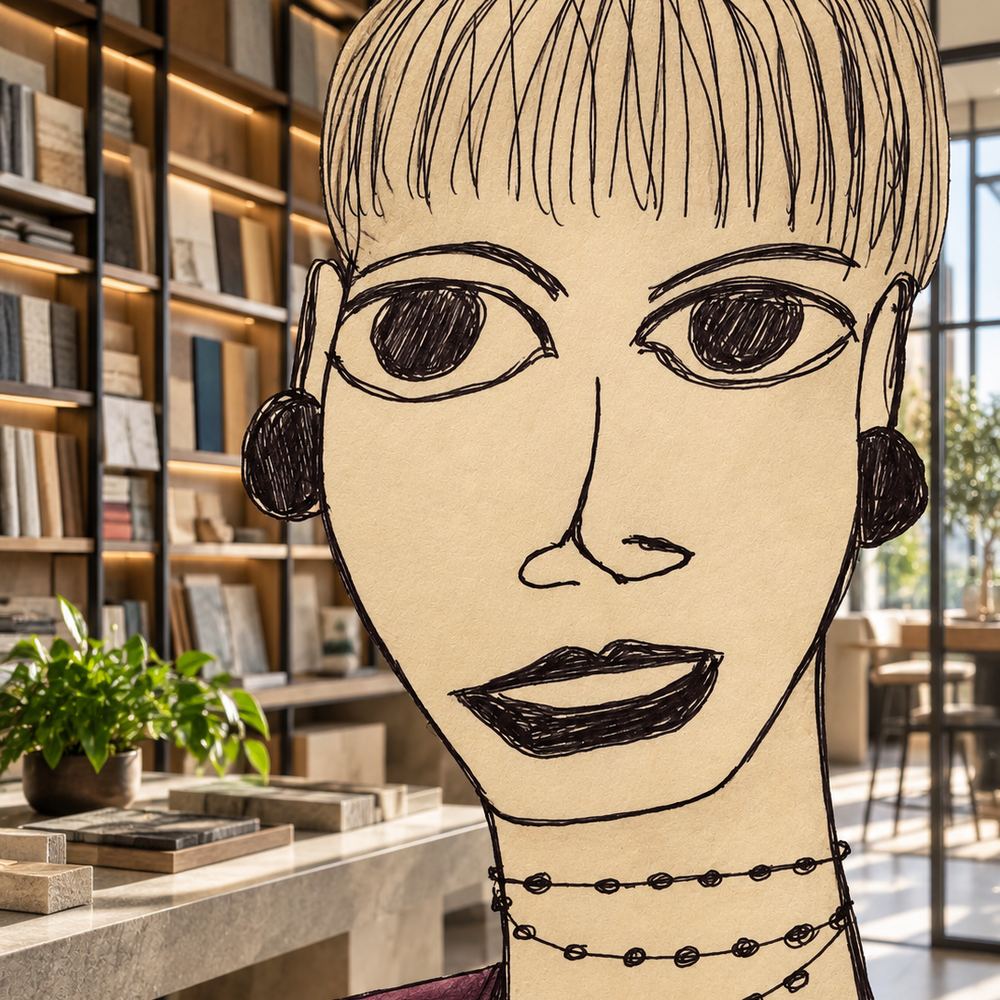 Disegno a penna: una donna con la frangia e gli orecchini, scaffali di materiali alle spalle