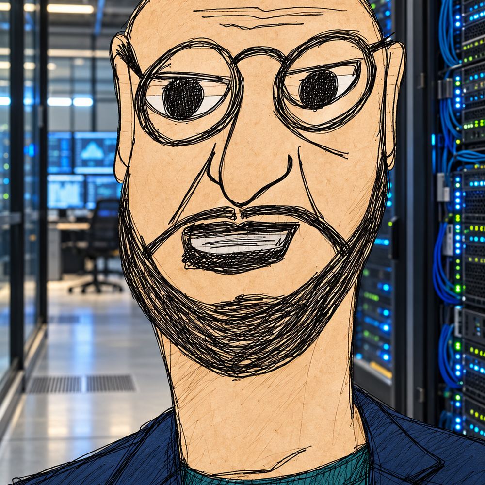Disegno a penna: un uomo con la barba e gli occhiali, un data center alle spalle