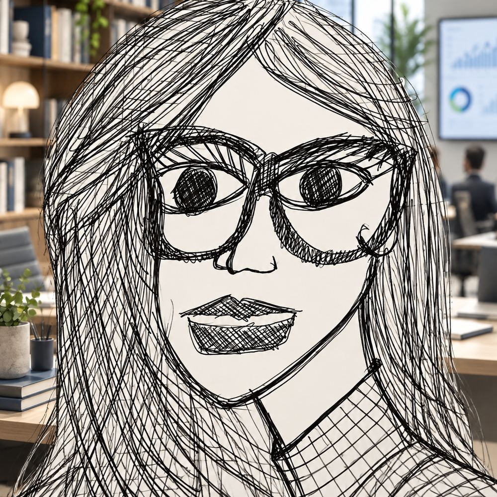 Disegno a penna: una donna con gli occhiali davanti a uno schermo di grafici