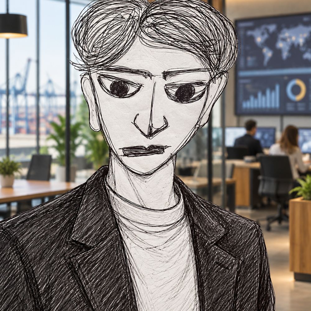 Disegno a penna: un giovane in giacca, sguardo basso, in un ufficio open space