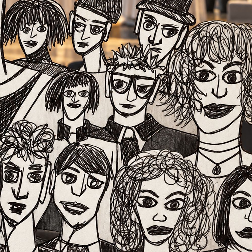 Disegno a penna: una sala piena di gente