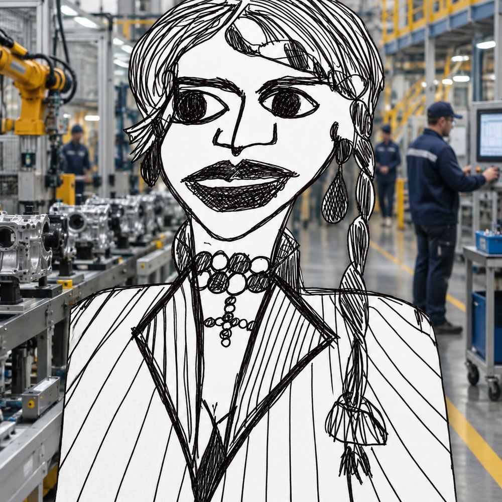 Disegno a penna: una donna in mezzo a una linea di montaggio