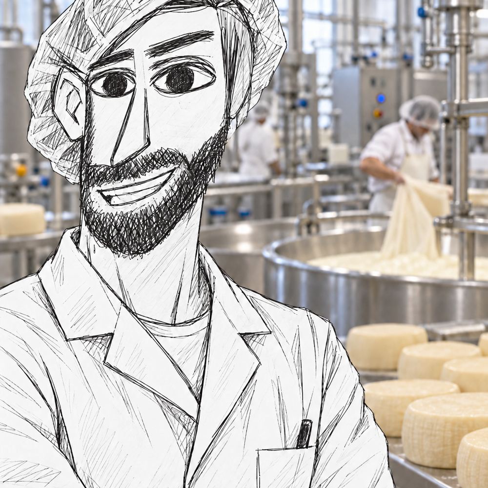 Disegno a penna: un uomo sorridente con la cuffia da laboratorio, alle sue spalle il caseificio al lavoro