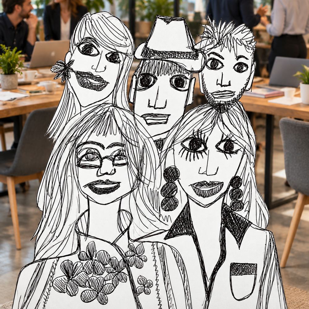 Disegno a penna: cinque persone in un ufficio