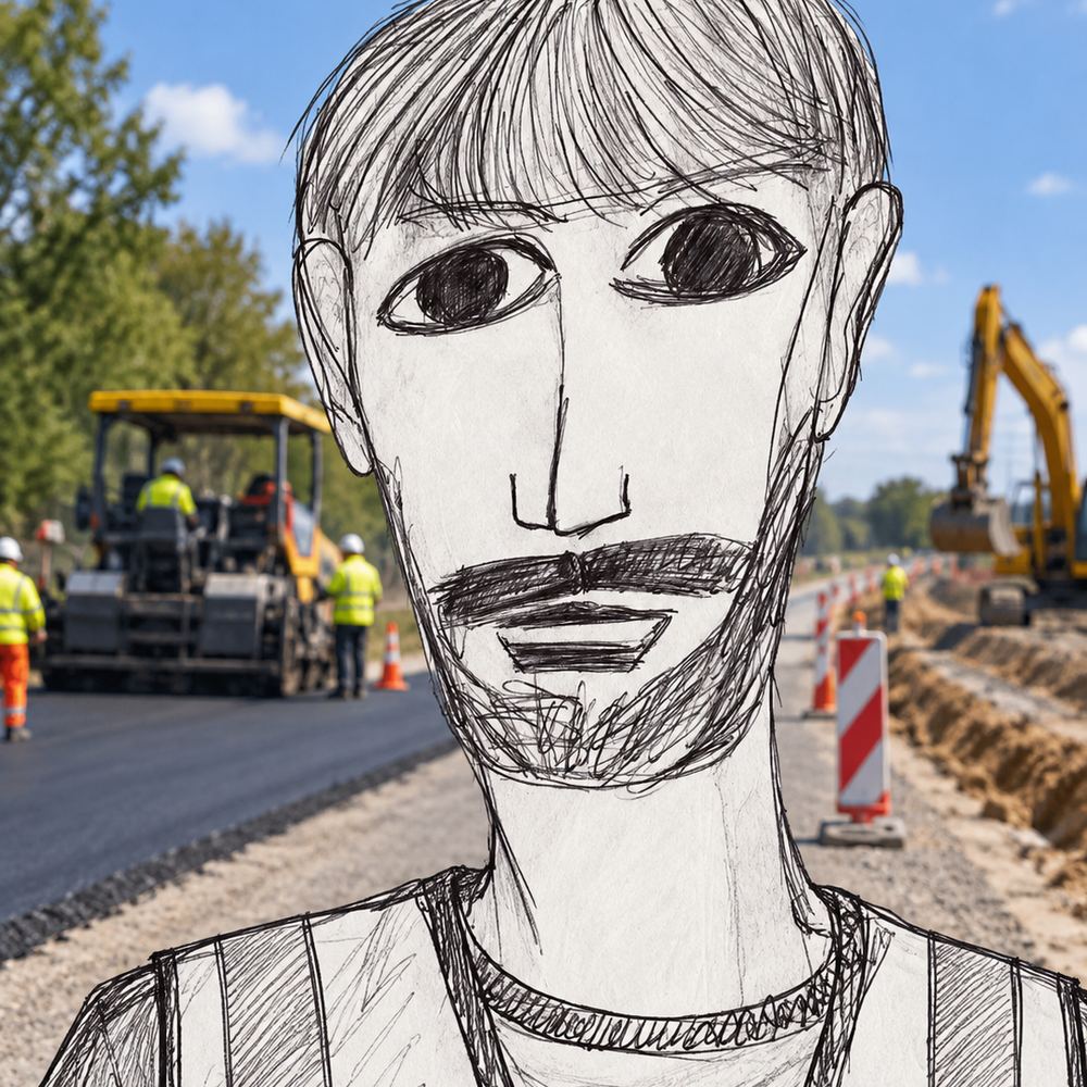 Disegno a penna: due figure di generazioni diverse in uno stabilimento tessile