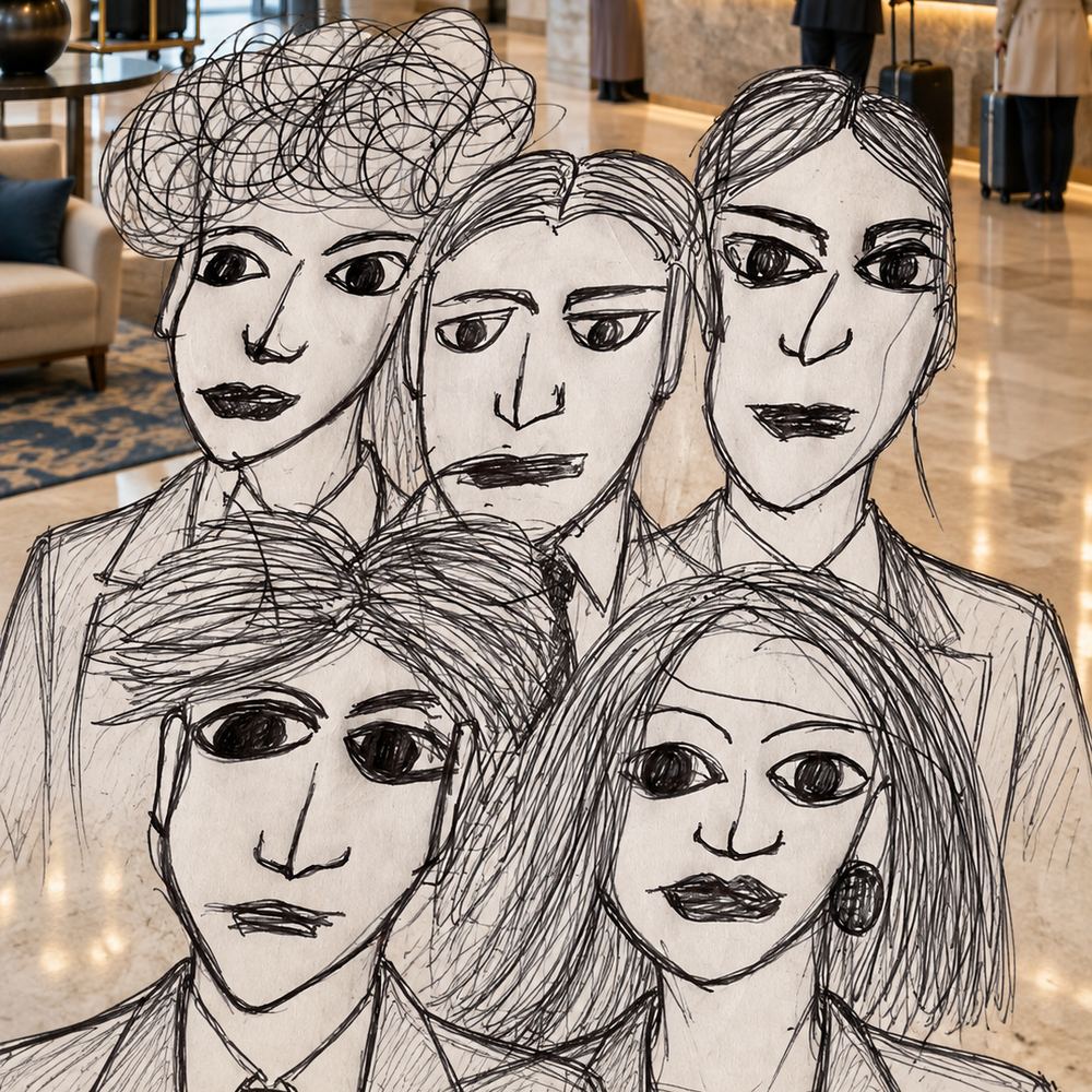 Disegno a penna: cinque persone nella hall di un albergo