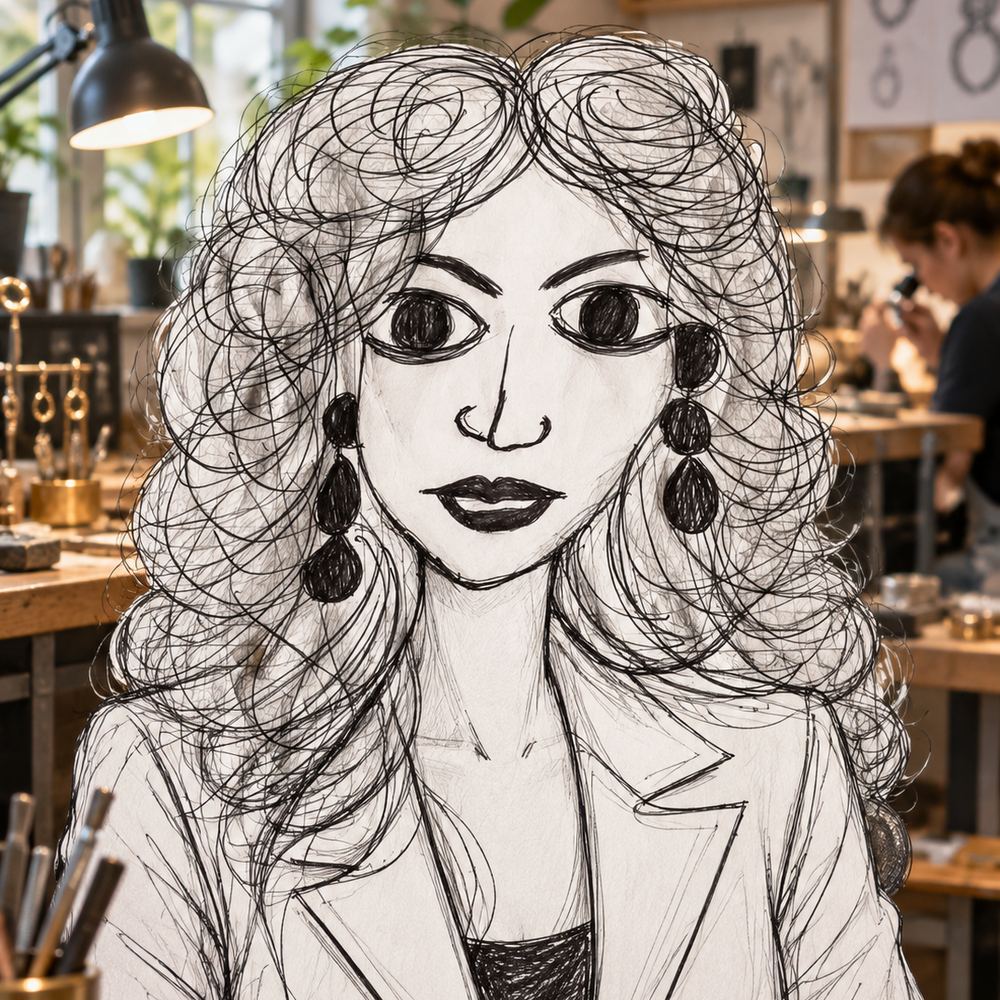 Disegno a penna: una donna al banco di un laboratorio orafo