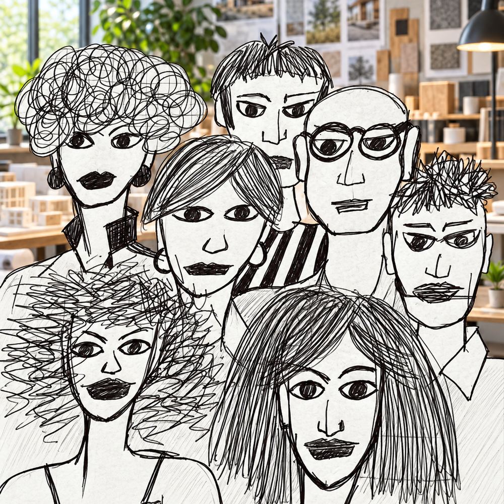 Disegno a penna: sette persone in uno studio di architettura
