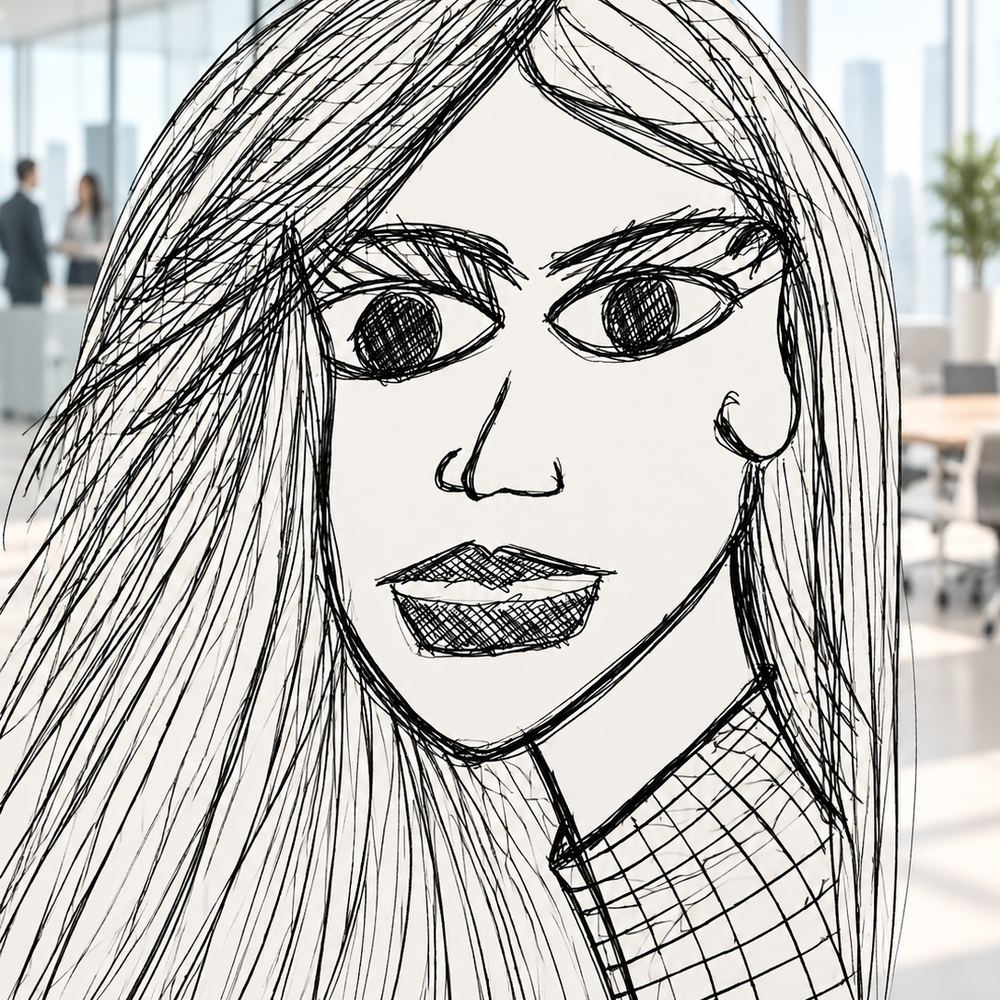Disegno a penna: una donna in un ufficio con le vetrate