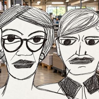 Disegno a penna: un uomo in una distilleria, fra gli alambicchi di rame