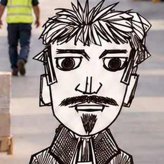 Disegno a penna: un uomo solo in mezzo al piazzale di carico