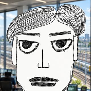 Disegno a penna: un uomo in primo piano, i binari di una stazione alle sue spalle