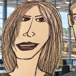Disegno a penna: una donna con i capelli lisci, un magazzino alle sue spalle