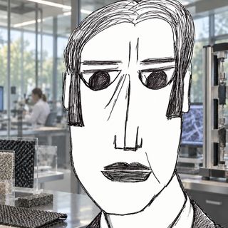Disegno a penna: un uomo in primo piano, un laboratorio di materiali alle sue spalle