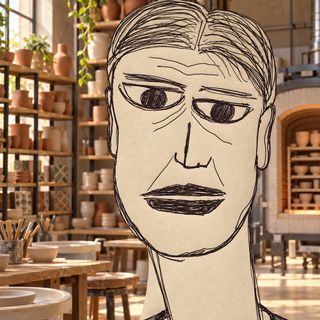 Disegno a penna: un ceramista in primo piano, la bottega con gli scaffali pieni