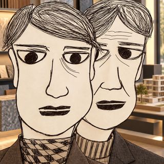 Disegno a penna: due uomini, lo studio con i plastici alle spalle
