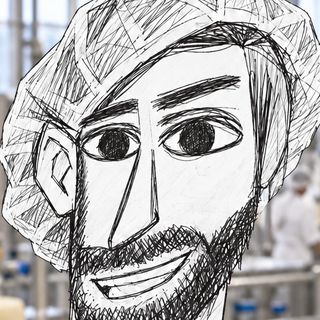 Disegno a penna: un uomo con la barba e il copricapo da lavoro, un reparto di produzione sullo sfondo