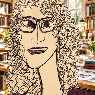 Disegno a penna: una donna con i capelli ricci e gli occhiali, una libreria alle spalle