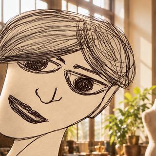 Disegno a penna: una donna con il caschetto, una serra di piante alle spalle