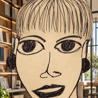 Disegno a penna: una donna con la frangia e gli orecchini, scaffali di materiali alle spalle