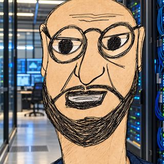 Disegno a penna: un uomo con la barba e gli occhiali, un data center alle spalle