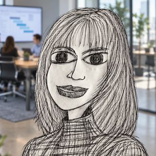 Disegno a penna: una donna con la frangia, una sala riunioni alle spalle