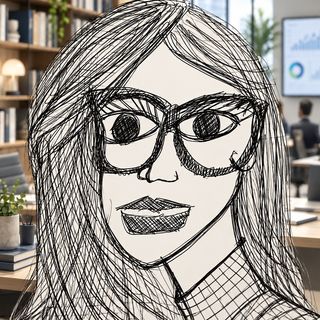 Disegno a penna: una donna con gli occhiali davanti a uno schermo di grafici