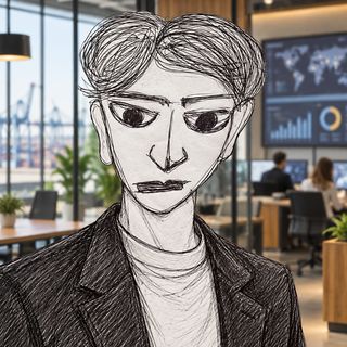 Disegno a penna: un giovane in giacca, sguardo basso, in un ufficio open space
