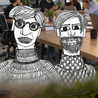 Disegno a penna: due soci uno accanto all'altro in sala riunioni