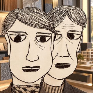 Disegno a penna: due soci uno accanto all’altro, il più anziano un passo indietro, in uno studio di architettura