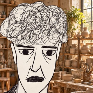 Disegno a penna: un ceramista in primo piano, la bottega con gli scaffali pieni alle sue spalle