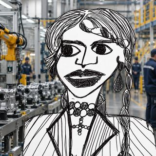 Disegno a penna: una donna in mezzo a una linea di montaggio