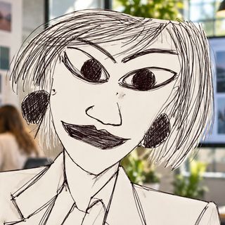 Disegno a penna: un uomo in camicia a quadri in officina