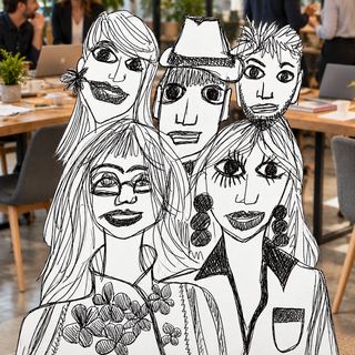 Disegno a penna: cinque persone in un ufficio