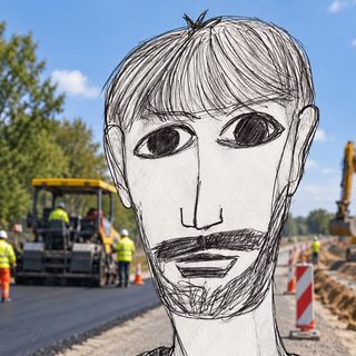 Disegno a penna: due figure di generazioni diverse in uno stabilimento tessile