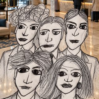 Disegno a penna: un uomo con i baffi, sguardo duro, davanti a una banchina di carico