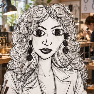 Disegno a penna: una donna al banco di un laboratorio orafo