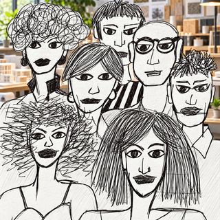 Disegno a penna: due uomini in un reparto tessile, davanti ai telai