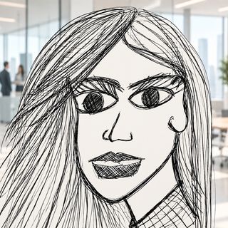 Disegno a penna: una donna in un ufficio con le vetrate